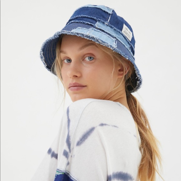 Urban Outfitters Patchwork Bucket Hat Blue Denim Canvas One Size Unisex NEW - Picture 2 of 6